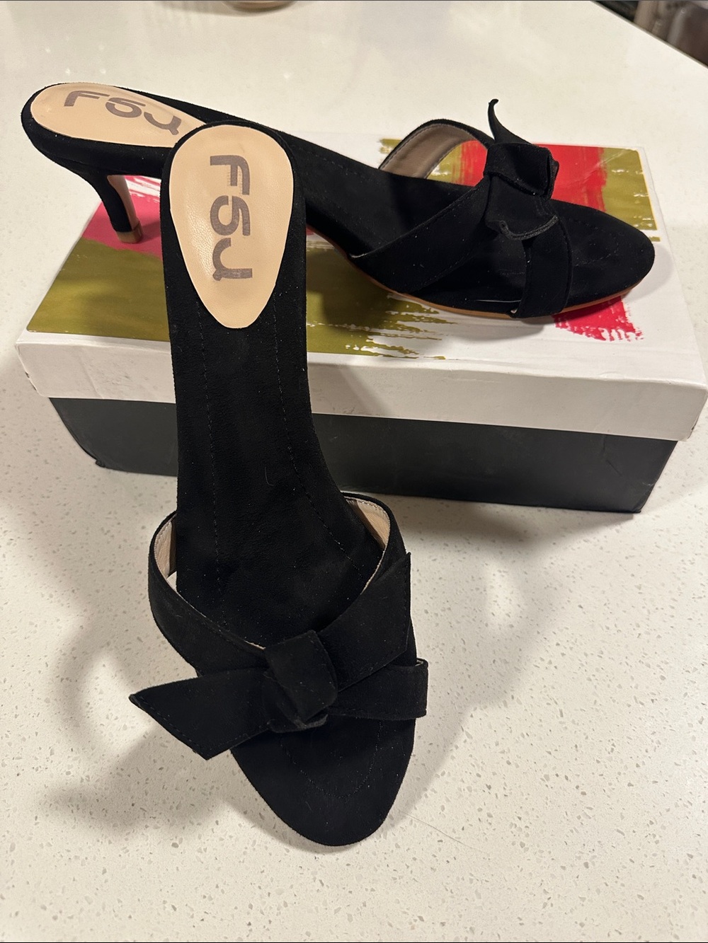 FSJ Black Suede Knot Bow Mule Heels (Size 11) NWOT